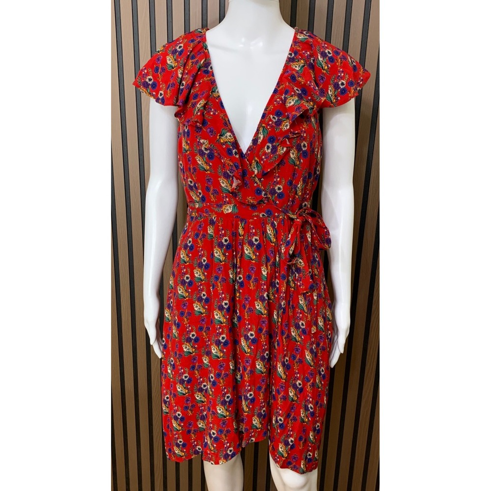 Maeve Anthropologie Red Floral Ruffle Wrap Dress Cap Sleeve V-Neck Size 2